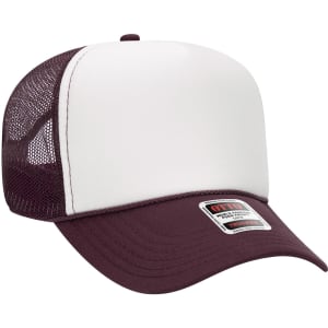 A 5 panel mid-profile trucker cap in white and burgundy, featuring a mesh back and a logo.