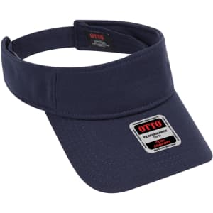 A navy sun visor with a wide brim and an attached adjustable strap, featuring a logo patch.