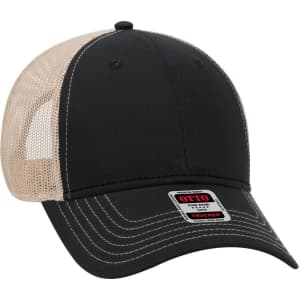 A black and beige 6 panel low profile trucker cap with a mesh back and a branded patch on the front.