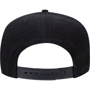 A black 5-panel mid profile baseball cap featuring a snapback closure and a textured fabric.