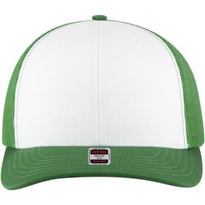 A six-panel mid-profile trucker cap featuring a white front and green mesh sides and brim. It has a logo tag on the front.