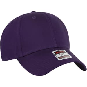 A purple 6 panel low profile baseball cap with a curved brim and a branding label on the side.