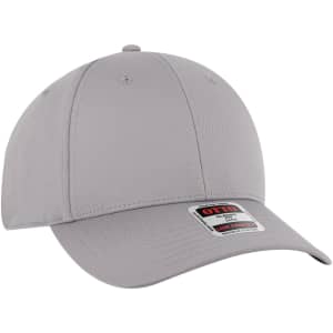 A grey six-panel low profile baseball cap with a branded label on the front.