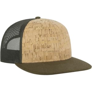 A six-panel mid profile trucker cap featuring a cork front and olive green mesh back. The visor is also olive green.
