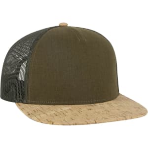 A green and cork 5 Panel Pro Style Trucker Cap featuring a mesh back and a flat brim, with a logo on the front.