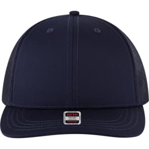 A navy blue 6 panel mid profile trucker cap with mesh sides and a small logo tag on the front.