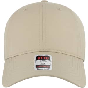 A beige 6 panel low profile style baseball cap featuring a logo on the front.