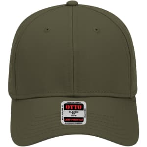 A low profile six-panel baseball cap in olive green, featuring a logo on the front.