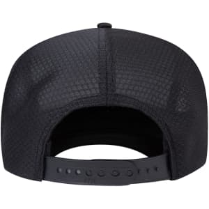 A black 5 panel high crown air mesh back trucker hat with an adjustable strap at the back.
