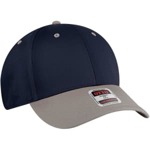 A navy blue and grey 6 panel low profile baseball cap with a front logo.