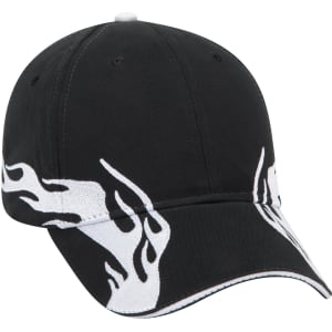 A black low profile baseball cap featuring white flame designs and a logo on the front.