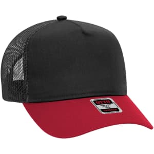 A black and red 5 Panel Mid Profile Trucker Cap with a mesh back and a logo tag on the front.