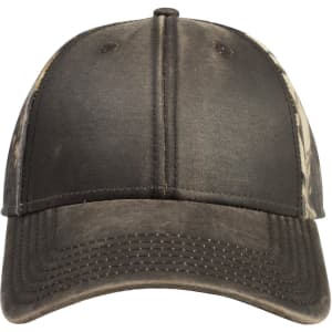 A camo 6-panel low profile baseball cap in shades of grey and brown, featuring a logo on the front.
