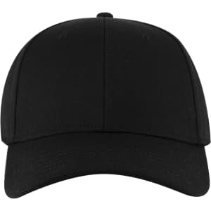 A black six-panel low profile baseball cap with a logo on the front.
