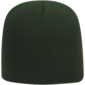 A green classic knit beanie with a ribbed texture and a rounded top. It features a branding logo.