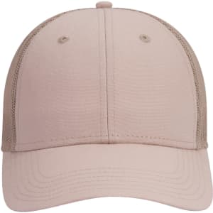 A 6 panel low profile trucker cap in a soft pink colour, featuring a mesh back and a branded logo.