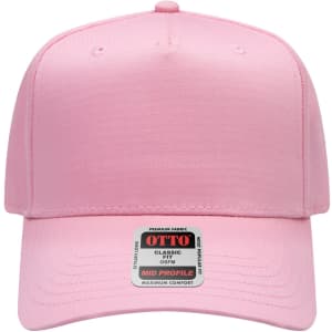A pink 5 panel mid crown baseball cap with a logo on the front and a textured fabric appearance.