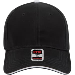 A black 6 panel low profile baseball cap with a branded label on the front. Features a stylish curved brim.
