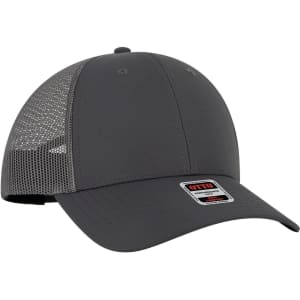 A grey low profile trucker cap with a solid front and mesh back, featuring a logo on the front panel.