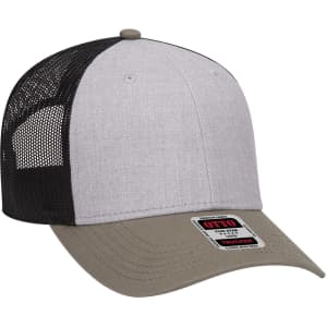 A grey and black 6 panel low profile trucker cap with a beige brim and a mesh back, featuring a logo.