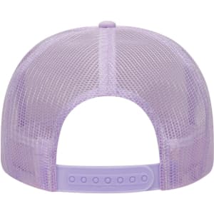 A lavender 5 Panel High Crown Trucker Cap featuring a mesh back and an adjustable snap closure.