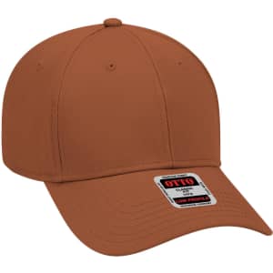 A brown 6 panel low profile baseball cap with a branded tag attached.