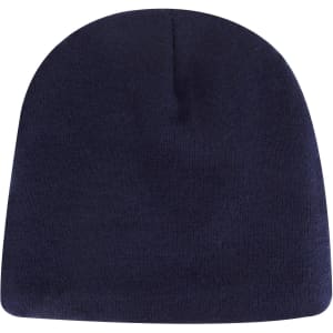 A classic knit beanie in navy blue, featuring a simple and sleek design. It has a logo on one side.