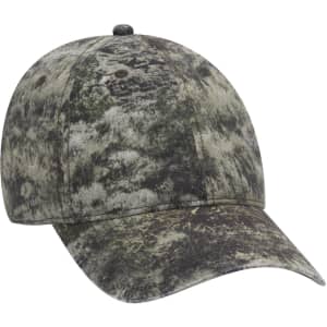 A camo-patterned 6-panel low profile baseball cap in shades of green and brown, featuring a logo on the front.