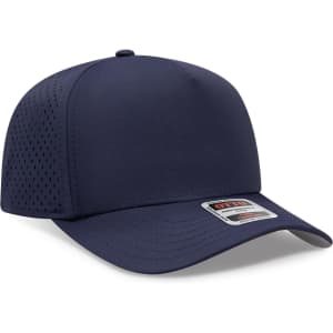 A navy blue 5-panel mid-profile baseball cap with a perforated design and a branded tag.