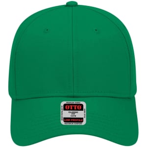 A green 6 panel low profile baseball cap with a logo on the front.