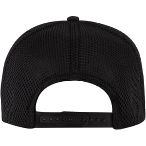 A black air mesh back trucker hat featuring a five-panel high crown design and an adjustable strap.