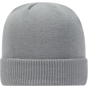 A grey classic knit beanie with a folded cuff and a textured finish. It features a logo.