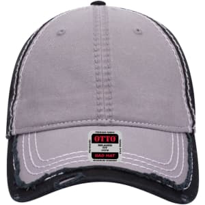 A grey and black 6 panel low profile dad cap featuring a logo. The cap has a relaxed fit and distressed detailing.