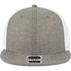 A grey and white 6 Panel Mid Profile Trucker Cap with a snapback closure and a logo on the label.