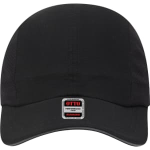 A black six-panel running cap featuring a logo and a structured design for performance.