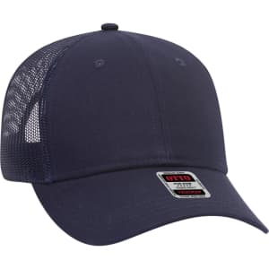 A navy blue 6 panel low profile trucker cap with a mesh back and a logo tag on the front.