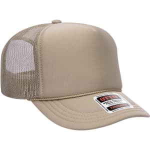 A beige 5 Panel High Crown Trucker Cap with a mesh back and a logo badge on the front.