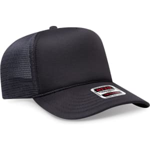 A black high crown mesh back trucker hat with a curved brim and a logo patch on the front.