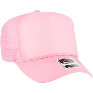 A pink 5 Panel High Crown Air Mesh Back Trucker Hat with a mesh back and a logo.