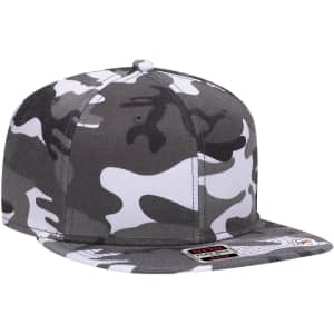A grey and white camo 6 panel mid profile snapback cap with a logo.