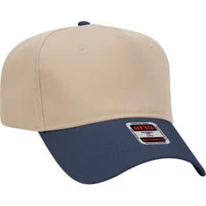 A mid crown baseball cap featuring a beige body and navy peak, with a logo on the front.