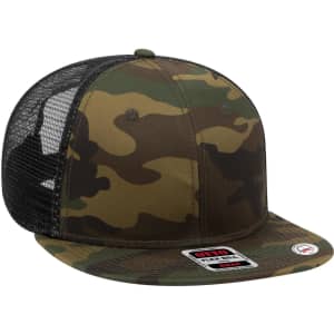 A camouflage 6 panel mid-profile trucker cap with a mesh back and a logo on the front.