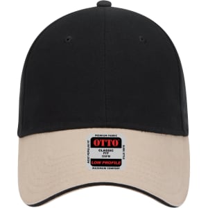A low profile baseball cap in black with a beige brim, featuring a logo on the front.