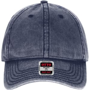 A dark denim 6 panel low profile dad cap featuring a stitched brim and a logo tag on the front.