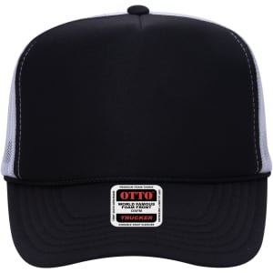 A black and grey 5-panel high crown trucker cap with a mesh back and a logo on the front.