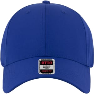 A blue 6 panel low profile baseball cap with a branded label at the front.