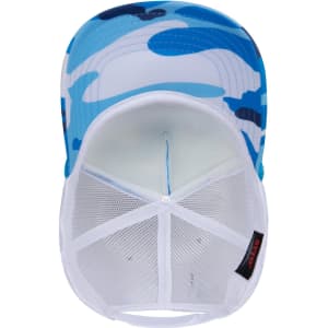 A 5 Panel High Crown Trucker Cap featuring a blue camouflage design with a white mesh back.
