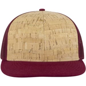 A trucker cap featuring a cork front and maroon mesh sides, with a flat brim and no visible logos.