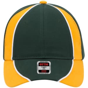 A green and yellow 6-panel low profile baseball cap featuring a logo on the front.