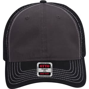 A black and grey 6 panel low profile trucker dad cap with a stitched design and logo.